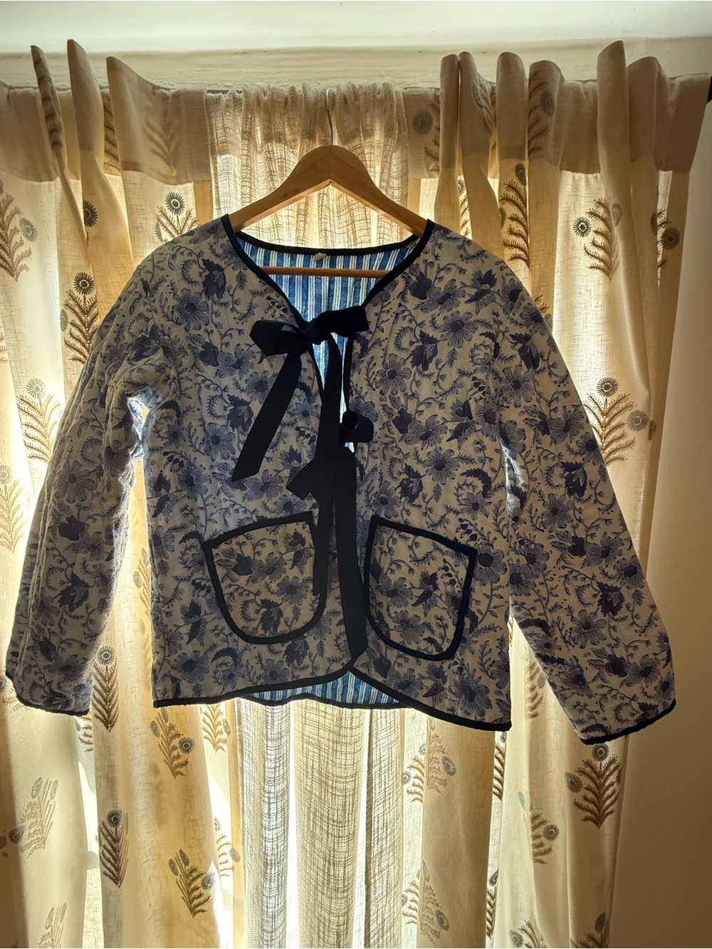 Blue and White Floral Quilted Jacket with Navy Trim
